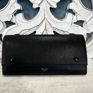Celine Black Leather Flap Long Wallet Yellow Interior w COA